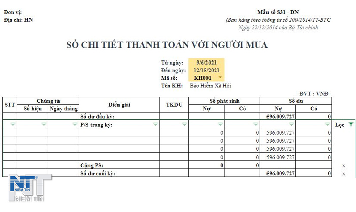 Bảng theo dõi công nợ phải thu